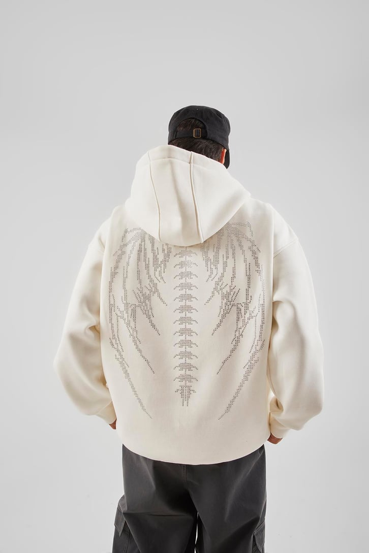 Sırt Taş İşlemeli Ekru Oversize Hoodie