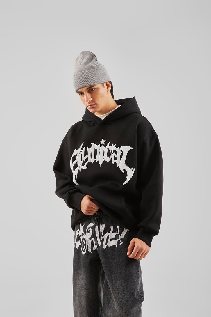 Sırt Taş İşlemeli Ekru Oversize Hoodie