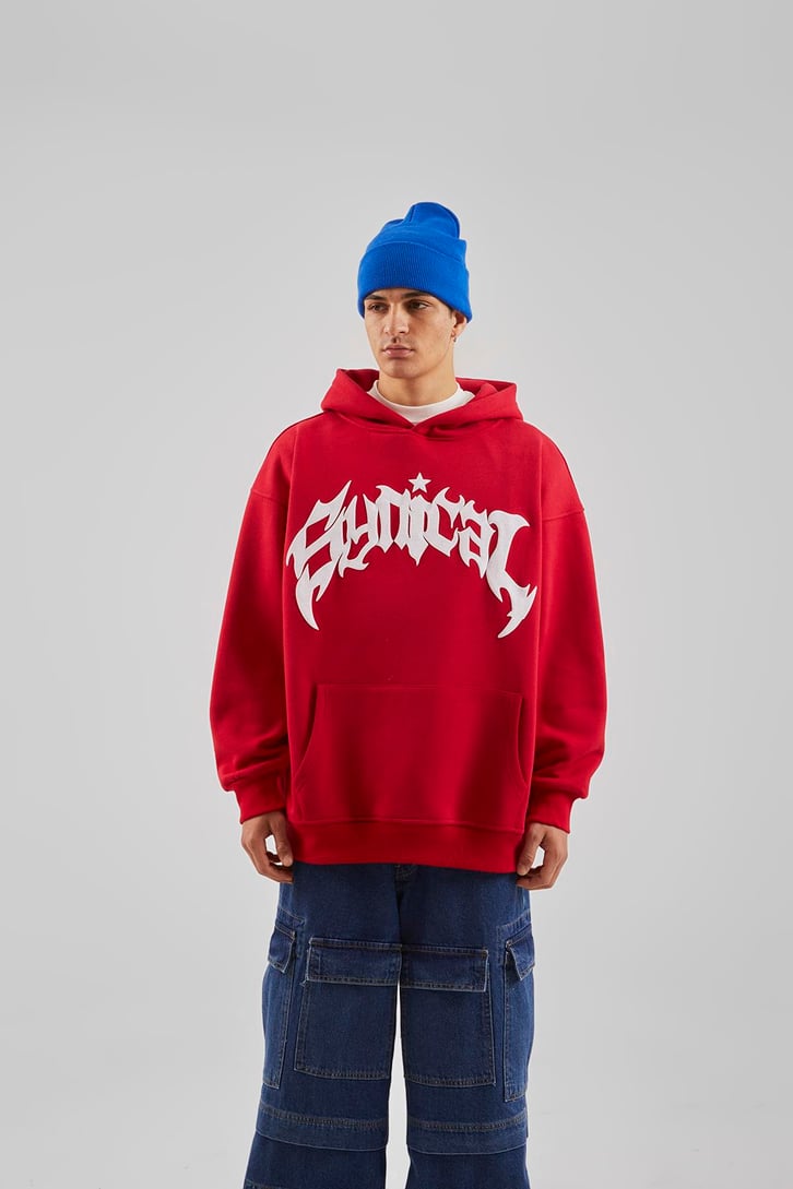 Sırt Taş İşlemeli Kırmızı Oversize Hoodie