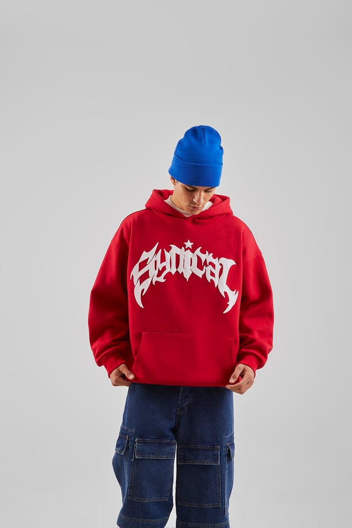 Sırt Taş İşlemeli Kırmızı Oversize Hoodie