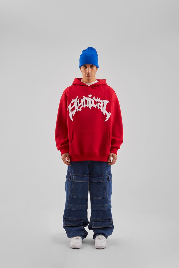 Sırt Taş İşlemeli Kırmızı Oversize Hoodie