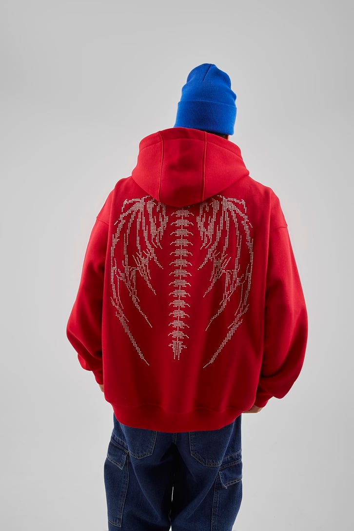 Sırt Taş İşlemeli Kırmızı Oversize Hoodie