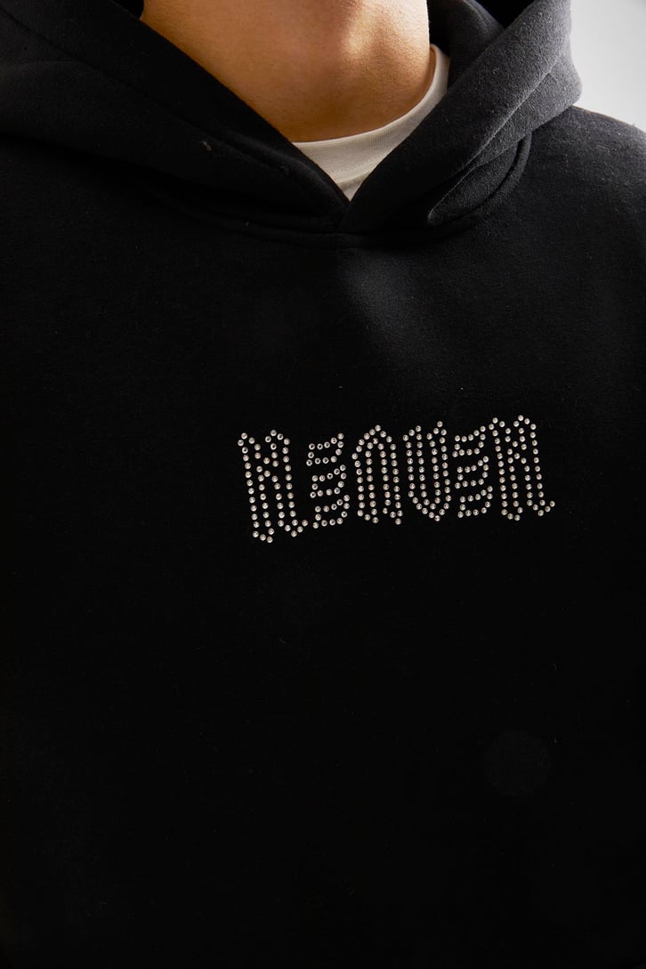 Sırt Taş İşlemeli Siyah Oversize Hoodie