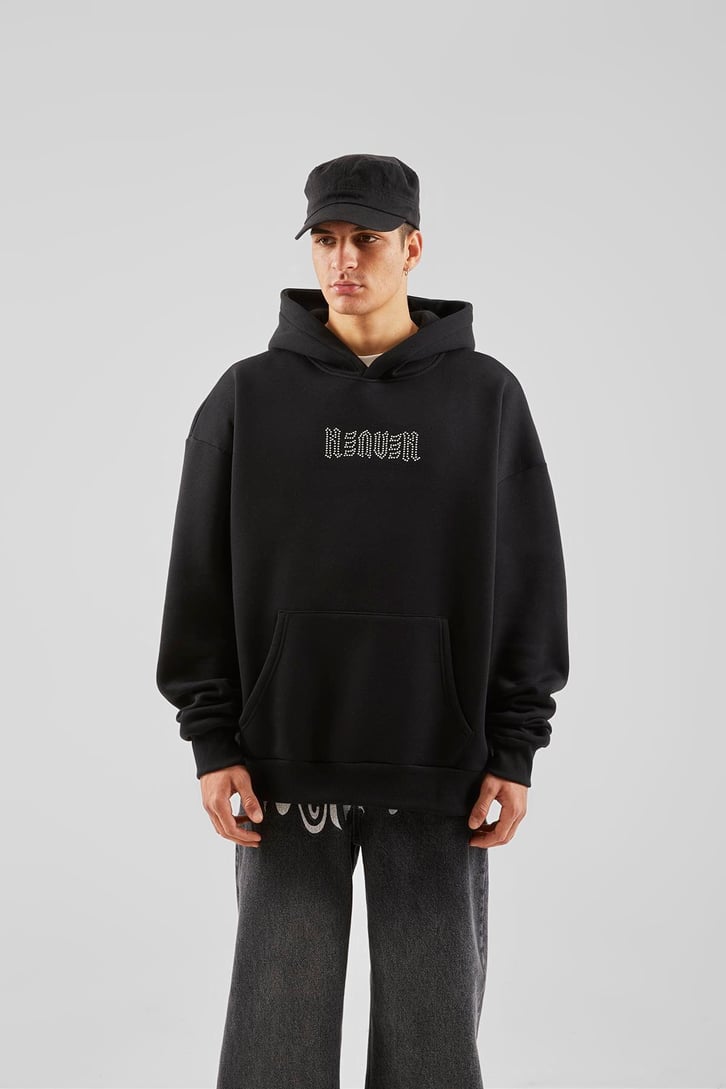 Sırt Taş İşlemeli Siyah Oversize Hoodie