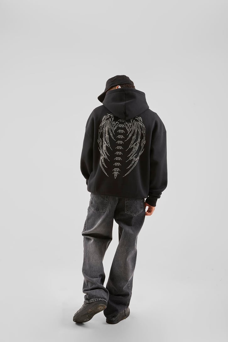 Sırt Taş İşlemeli Siyah Oversize Hoodie