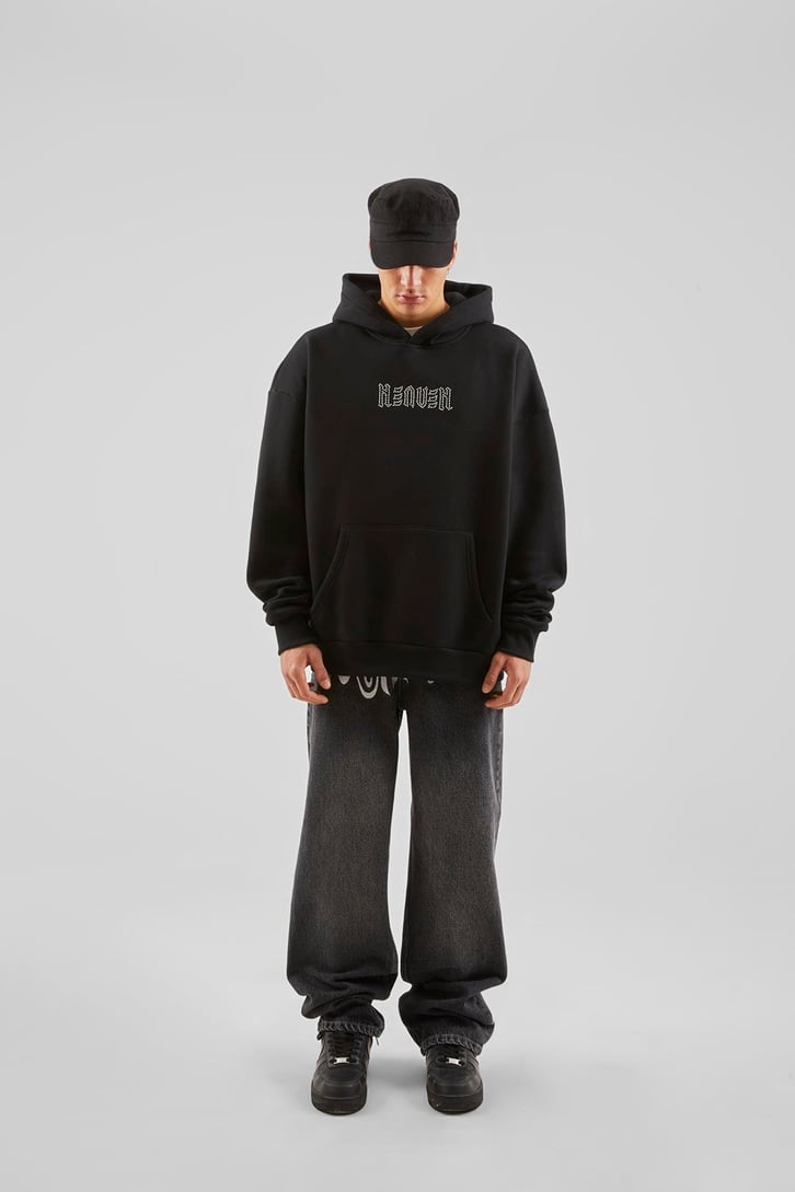 Sırt Taş İşlemeli Siyah Oversize Hoodie