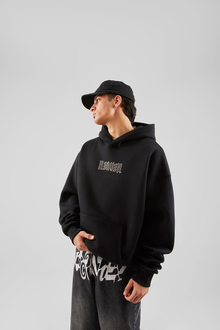 Sırt Taş İşlemeli Siyah Oversize Hoodie