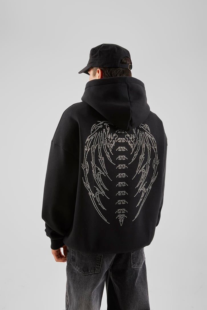 Sırt Taş İşlemeli Siyah Oversize Hoodie