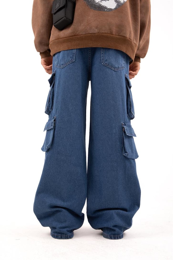 Six Cargo Pocket Mavi Baggy Jean
