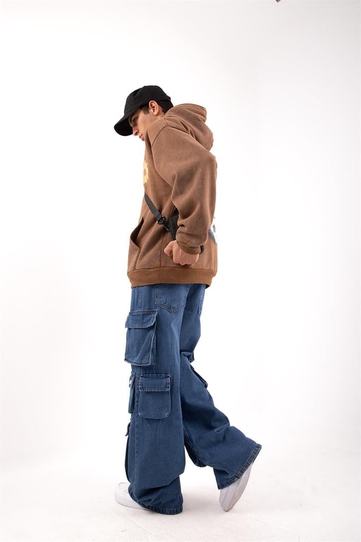 Six Cargo Pocket Mavi Baggy Jean