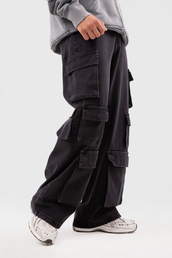 Six Cargo Pocket Siyah Baggy Jean