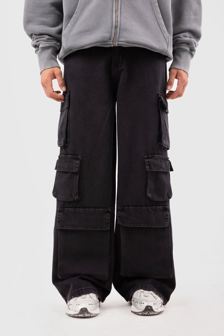 Six Cargo Pocket Siyah Baggy Jean