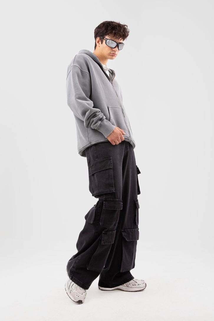 Six Cargo Pocket Siyah Baggy Jean