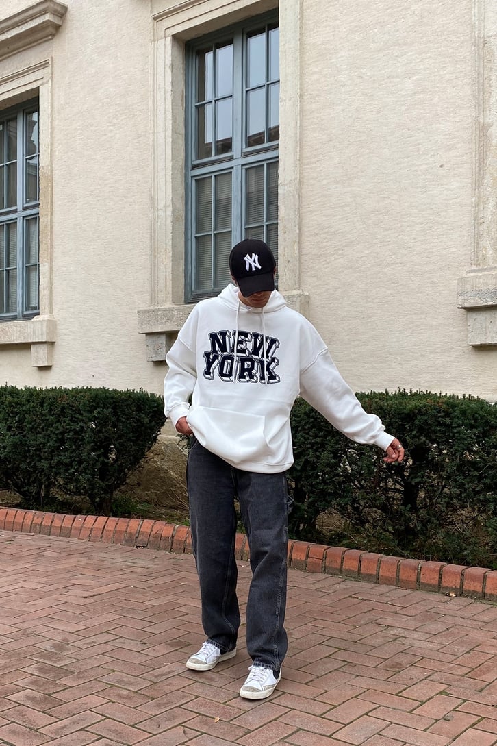 SİYAH NEW YORK BASKILI OVERSIZE HOODIE