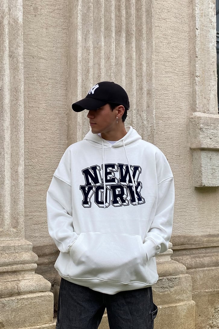 SİYAH NEW YORK BASKILI OVERSIZE HOODIE