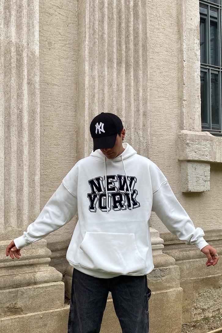 SİYAH NEW YORK BASKILI OVERSIZE HOODIE