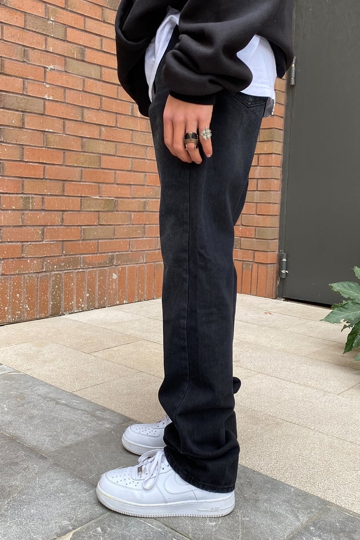 Siyah Premium Taşlamalı Wide Leg Jean