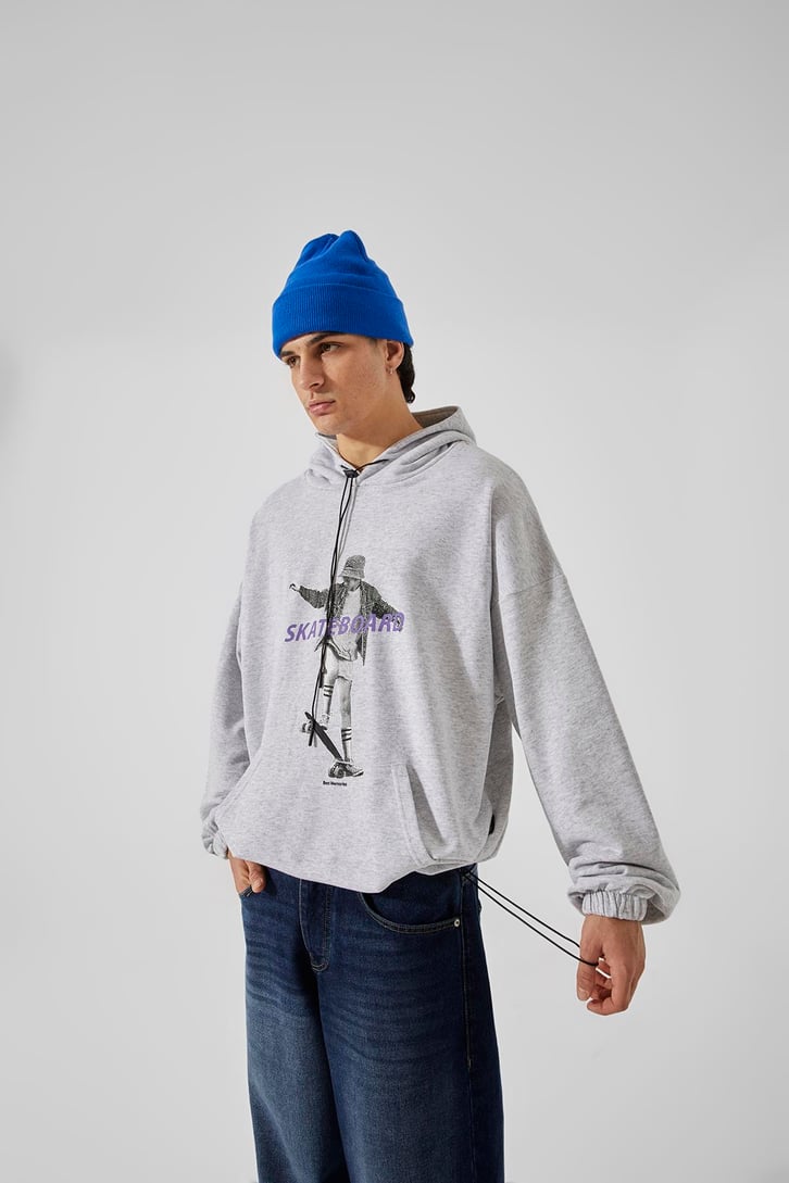 Skateboard Baskılı Beyaz Oversize Hoodie