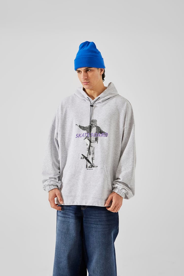 Skateboard Baskılı Beyaz Oversize Hoodie