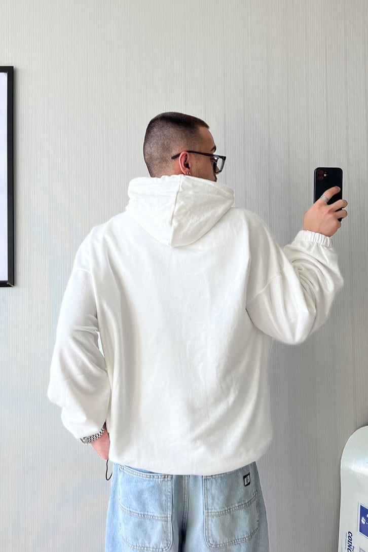 Skateboard Baskılı Beyaz Oversize Hoodie