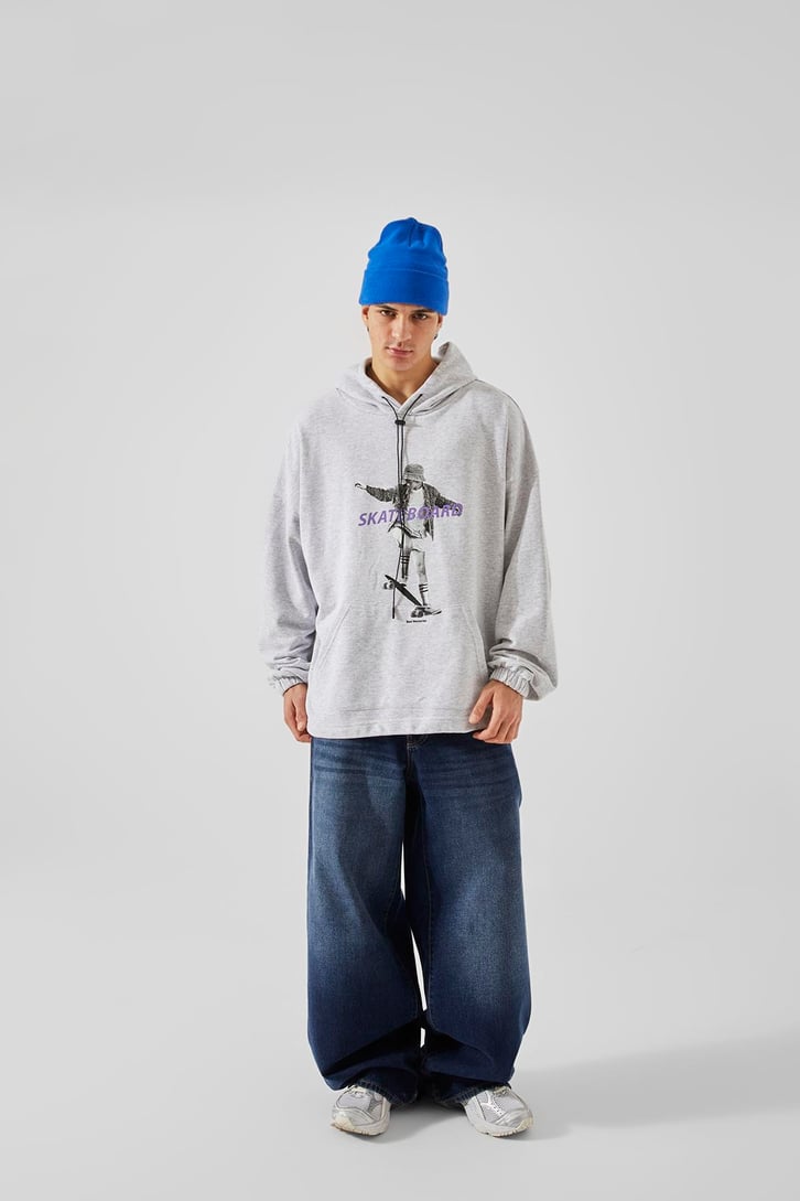 Skateboard Baskılı Beyaz Oversize Hoodie