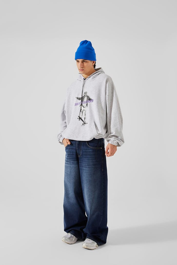 Skateboard Baskılı Gri Oversize Hoodie