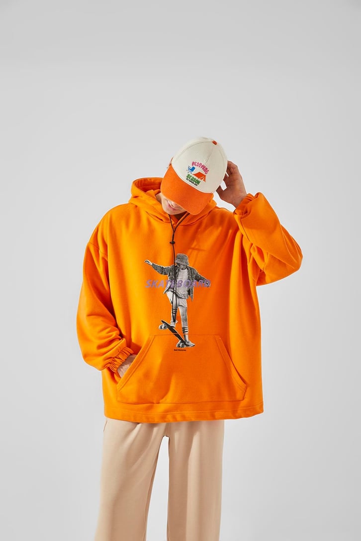 Skateboard Baskılı Turuncu Oversize Hoodie