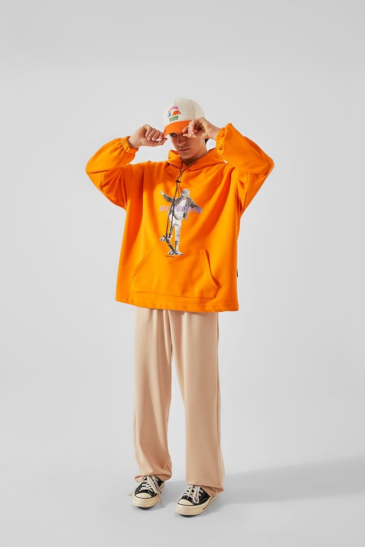 Skateboard Baskılı Turuncu Oversize Hoodie