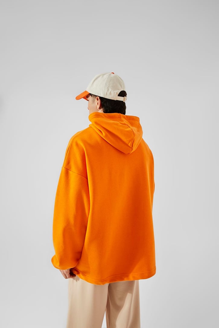 Skateboard Baskılı Turuncu Oversize Hoodie