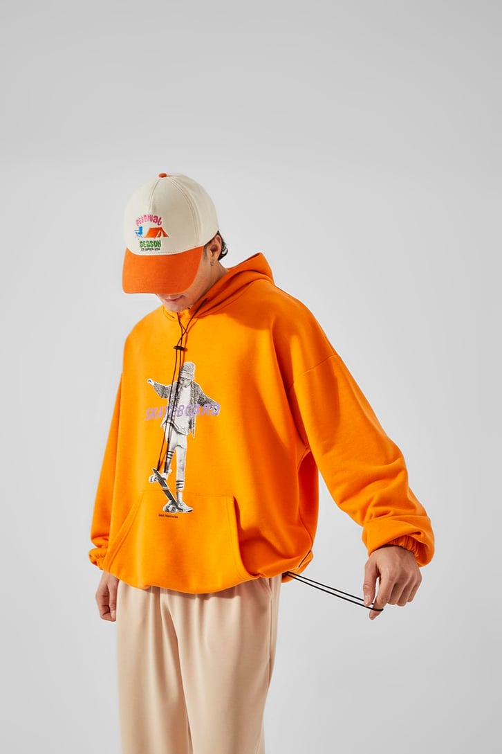 Skateboard Baskılı Turuncu Oversize Hoodie
