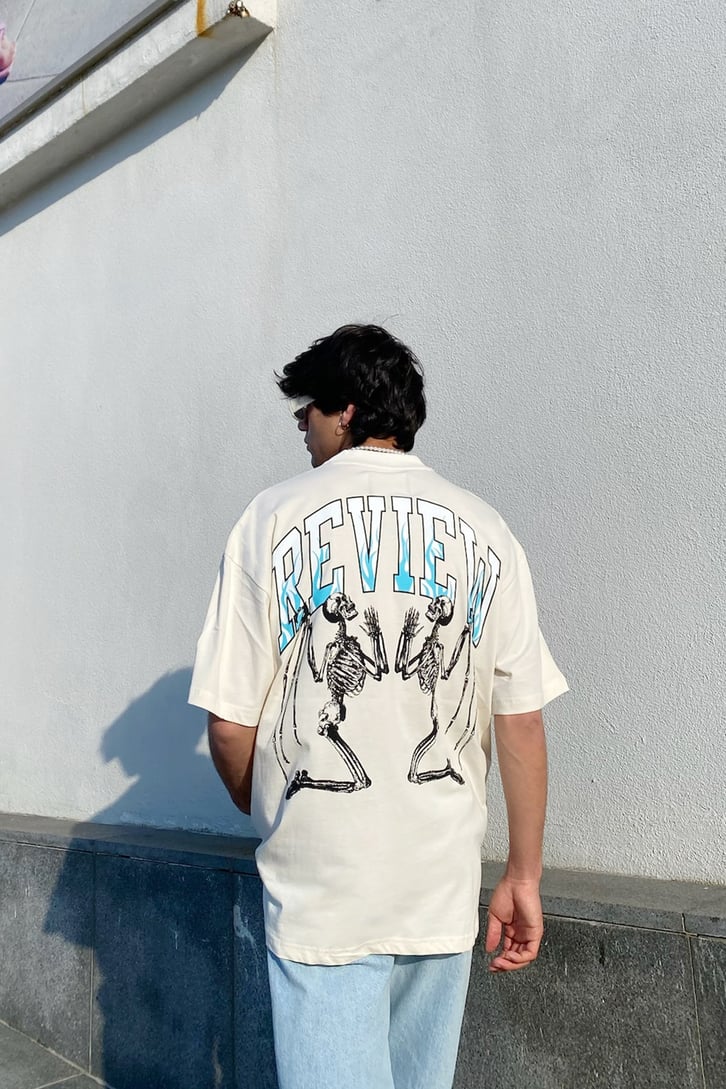 Skeleton Baskılı Bej Oversize Tshirt