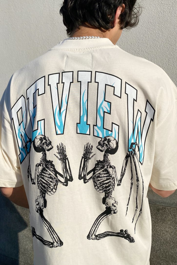 Skeleton Baskılı Bej Oversize Tshirt