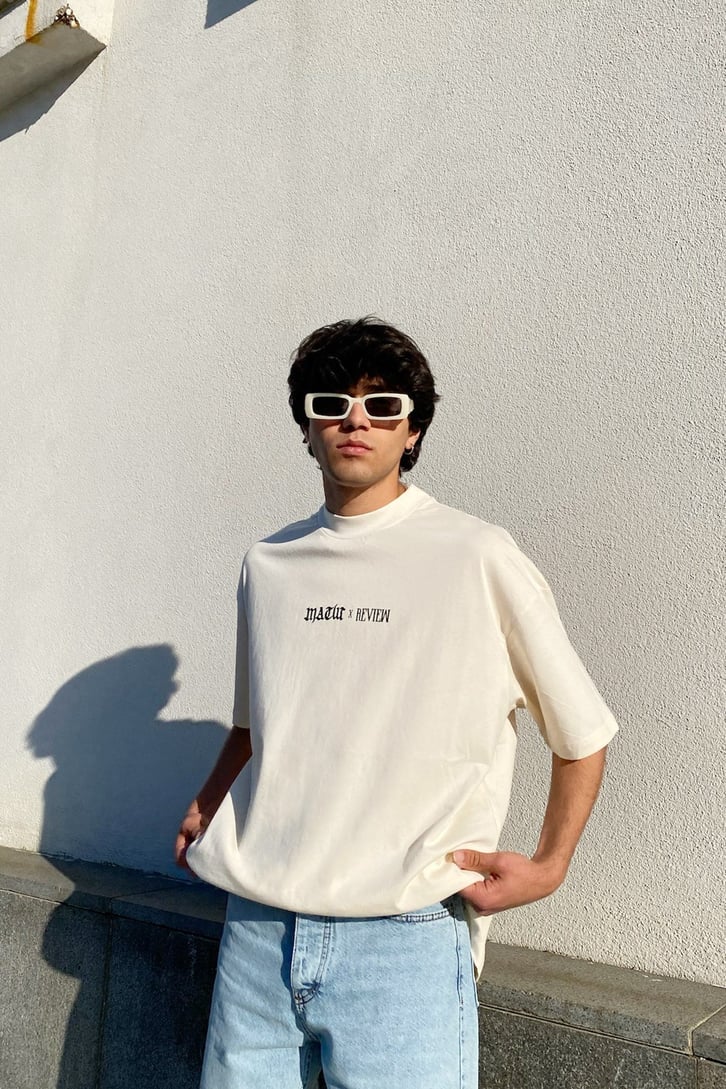 Skeleton Baskılı Bej Oversize Tshirt