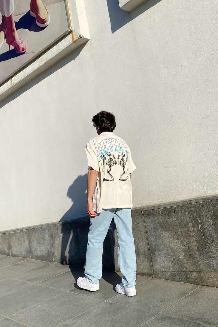 Skeleton Baskılı Bej Oversize Tshirt