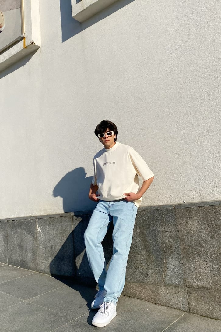 Skeleton Baskılı Bej Oversize Tshirt