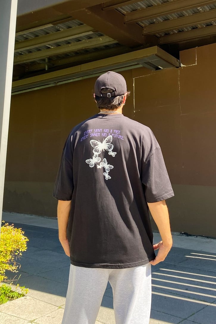 Skeleton Baskılı Siyah Oversize Tshirt