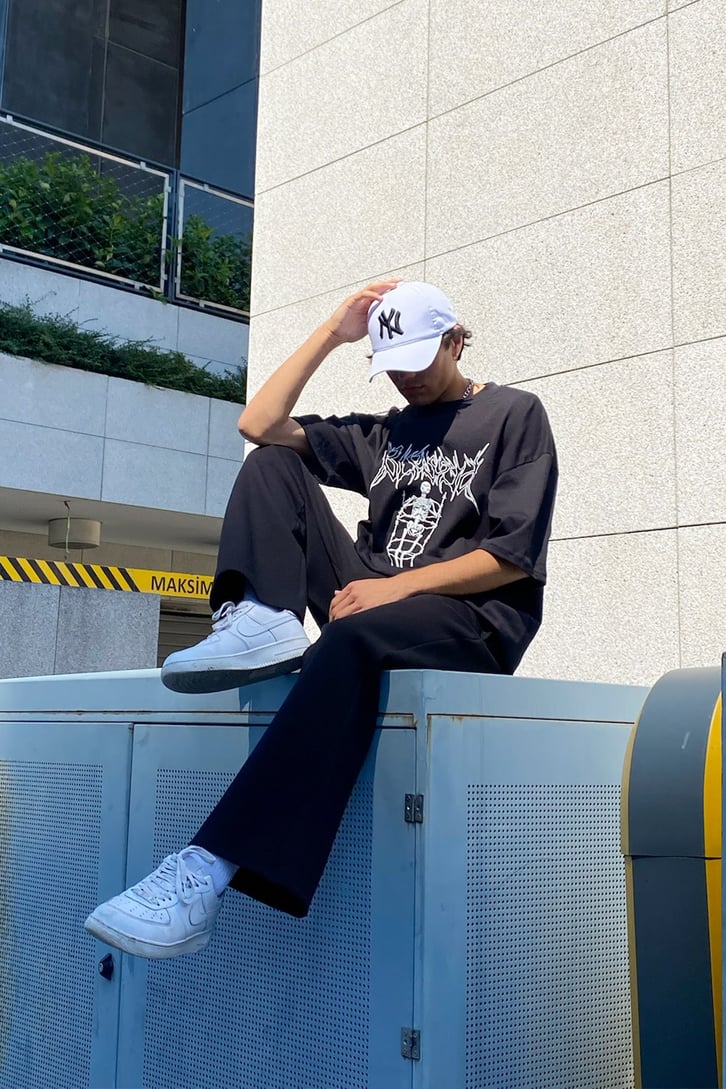 Skeleton Baskılı Siyah Oversize Tshirt