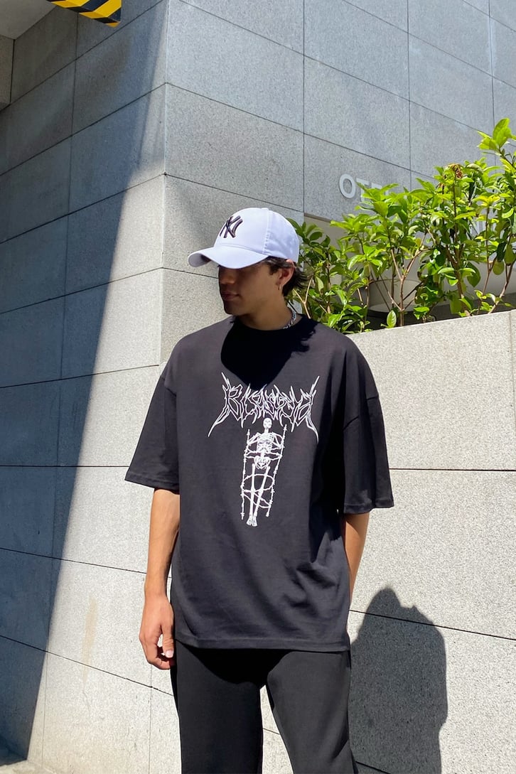 Skeleton Baskılı Siyah Oversize Tshirt