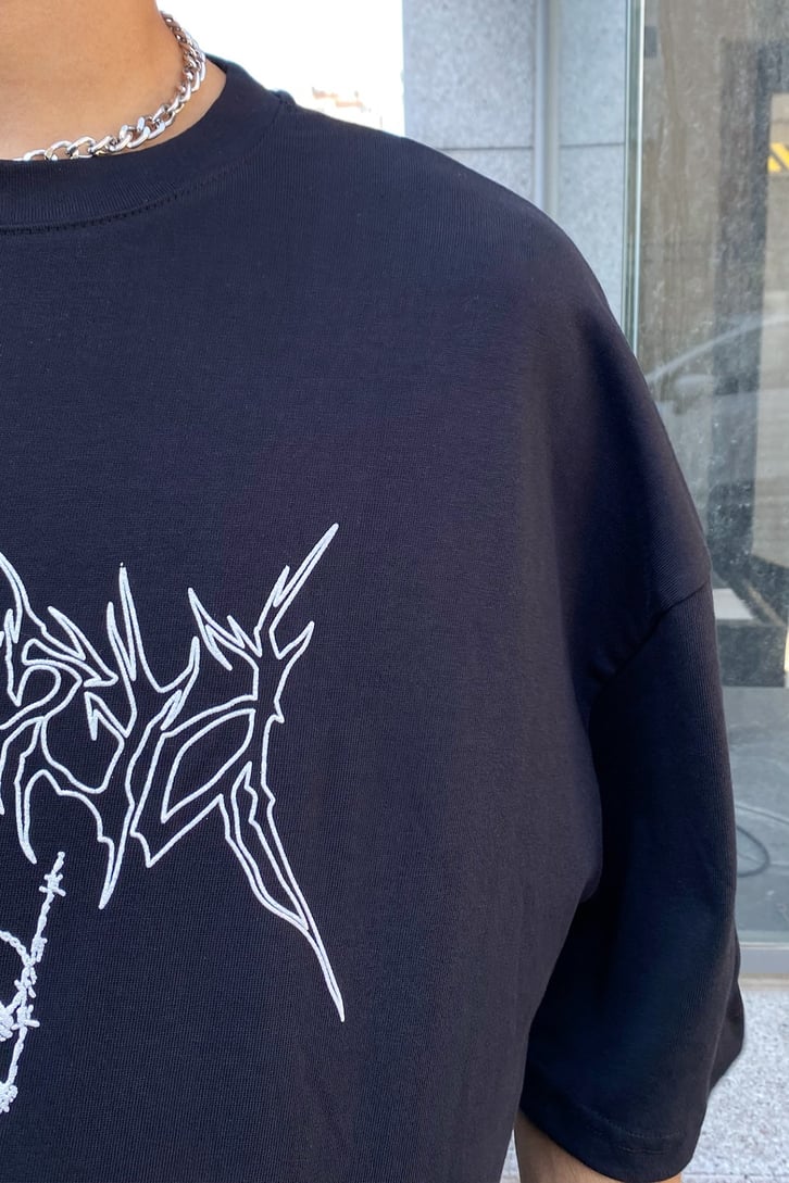Skeleton Baskılı Siyah Oversize Tshirt