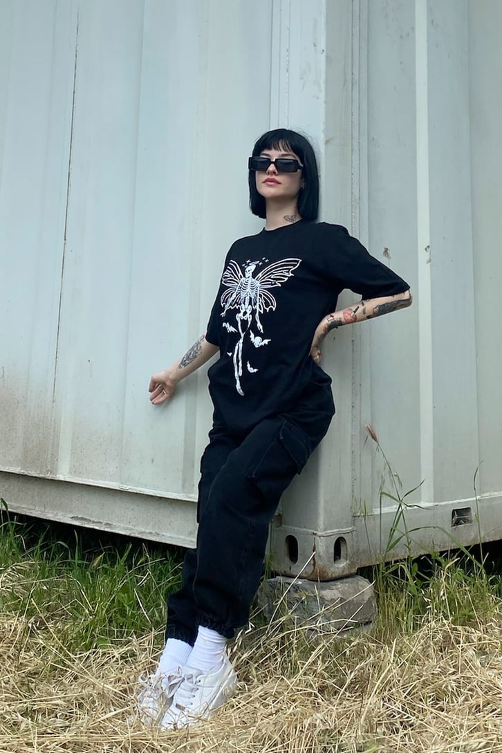 Skeleton Butterfly Baskılı Siyah Tshirt