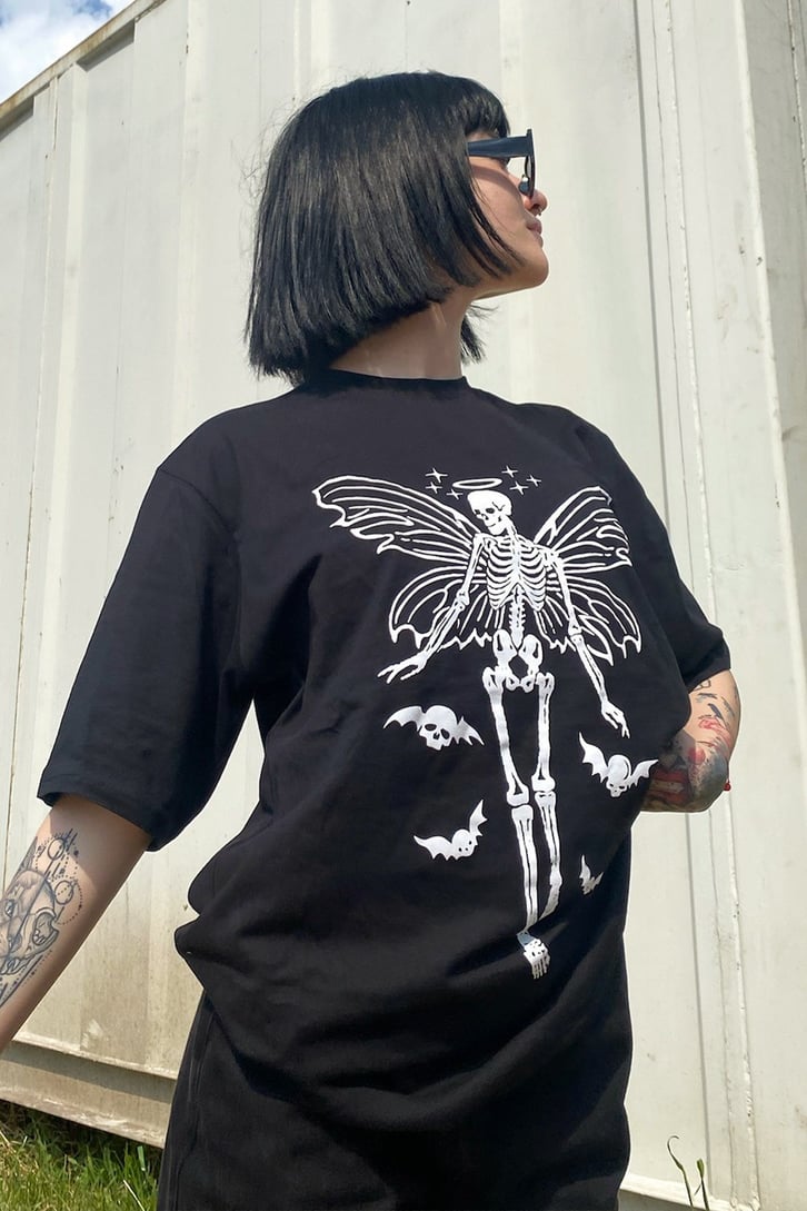 Skeleton Butterfly Baskılı Siyah Tshirt