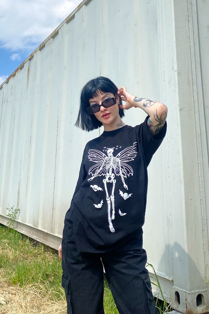 Skeleton Butterfly Baskılı Siyah Tshirt