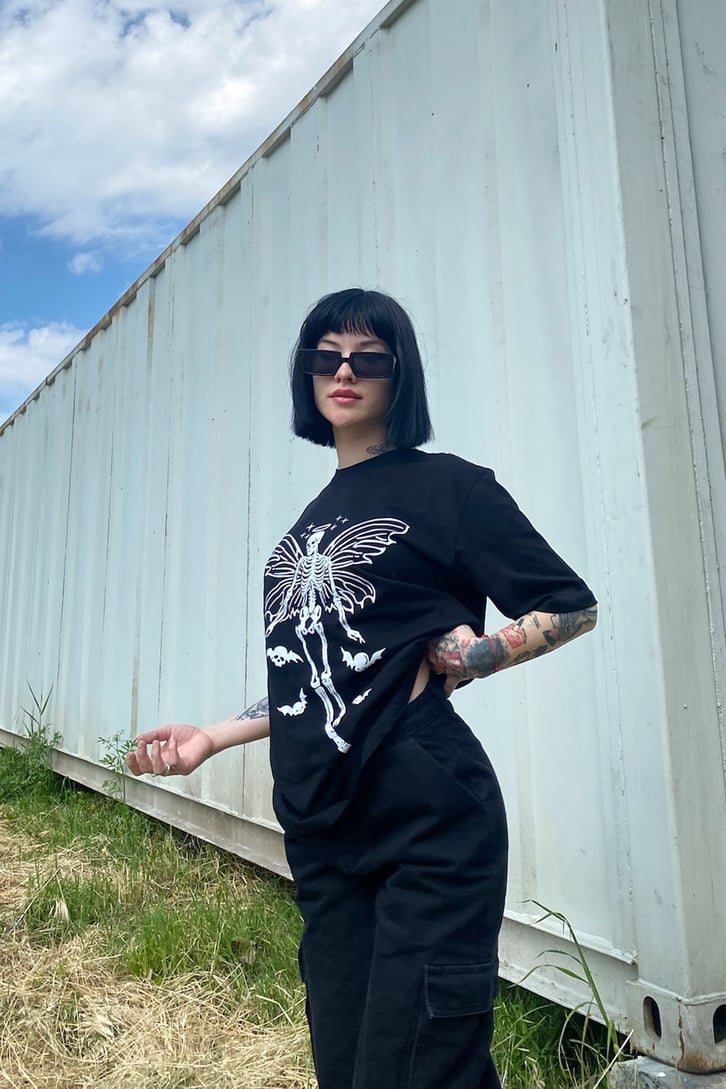 Skeleton Butterfly Baskılı Siyah Tshirt