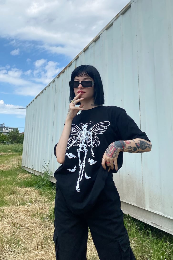 Skeleton Butterfly Baskılı Siyah Tshirt