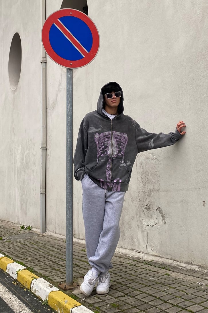 Skeleton Printed Oversize Washed Zip-Up Hoodie