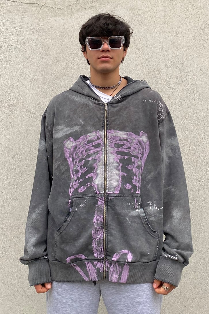 Skeleton Printed Oversize Washed Zip-Up Hoodie