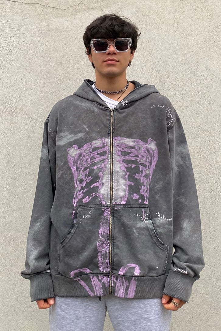 Skeleton Printed Oversize Washed Zip-Up Hoodie