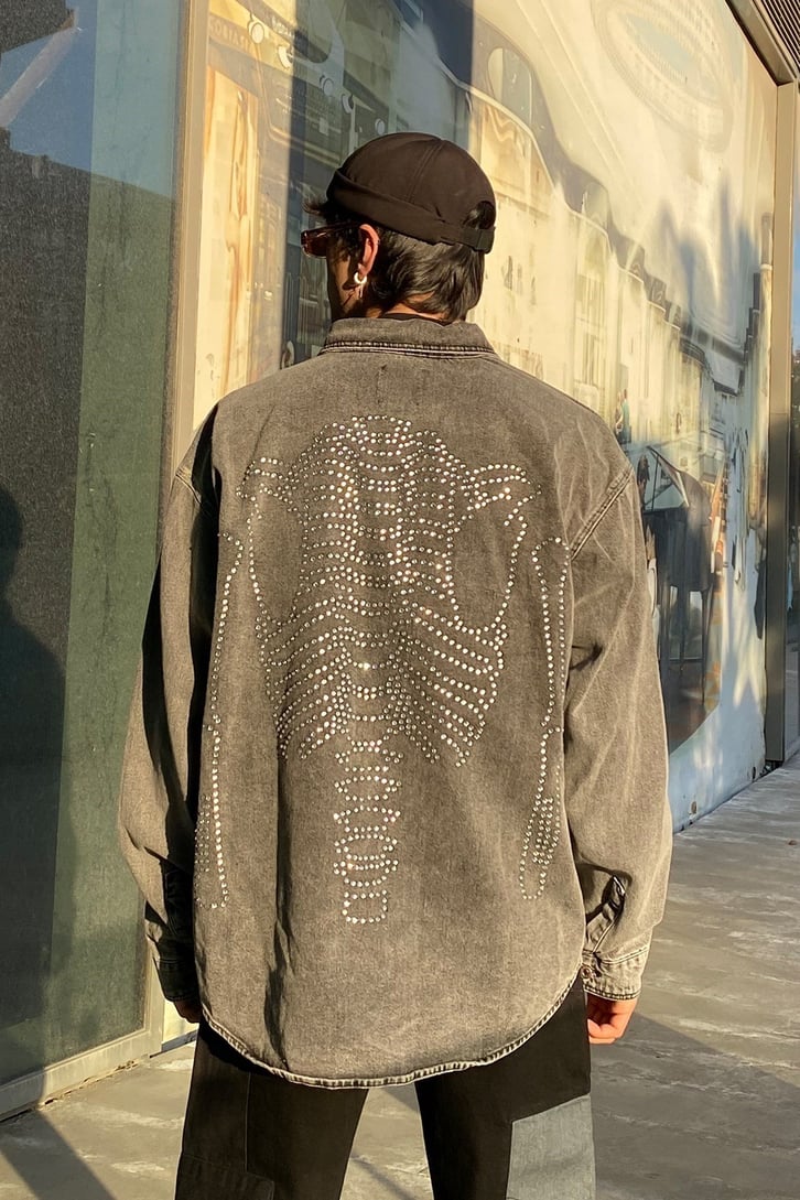 Skeleton Taş İşlemeli Antrasit Yıkamalı Oversize Gömlek Ceket