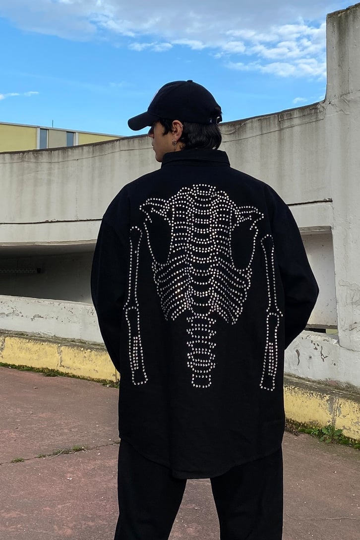 Skeleton Taş İşlemeli Siyah Oversize Gömlek Ceket