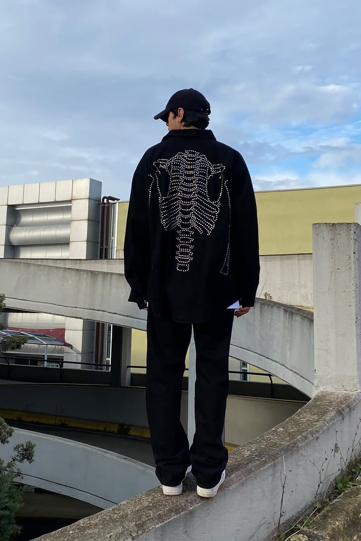 Skeleton Taş İşlemeli Siyah Oversize Gömlek Ceket
